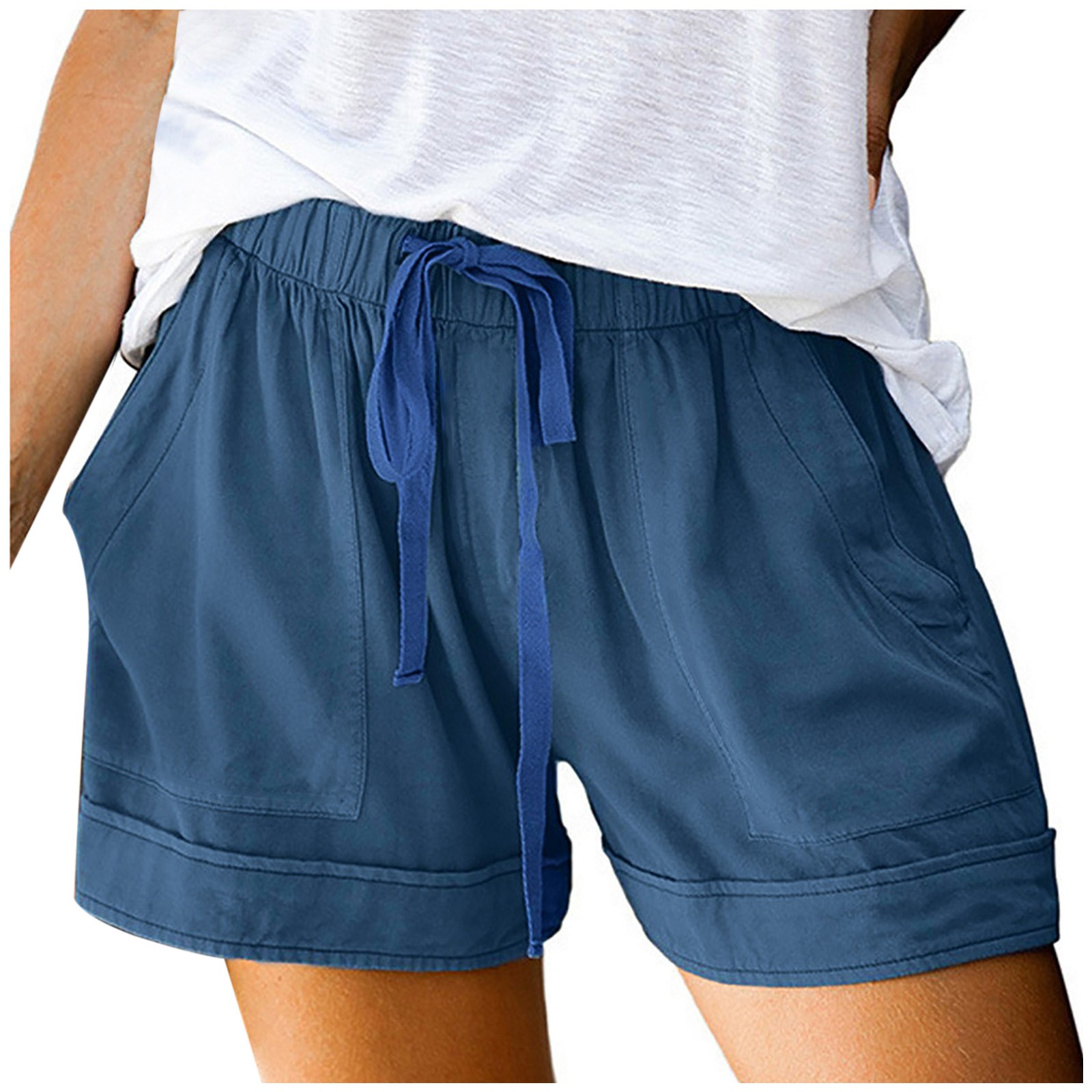 thumbnail image 5 of Pantalones cortos cómodos con cordón y cintura elástica para mujer - Pantalones holgados de color liso con bolsillos - Ropa informal de verano de poliéster, 5 of 8